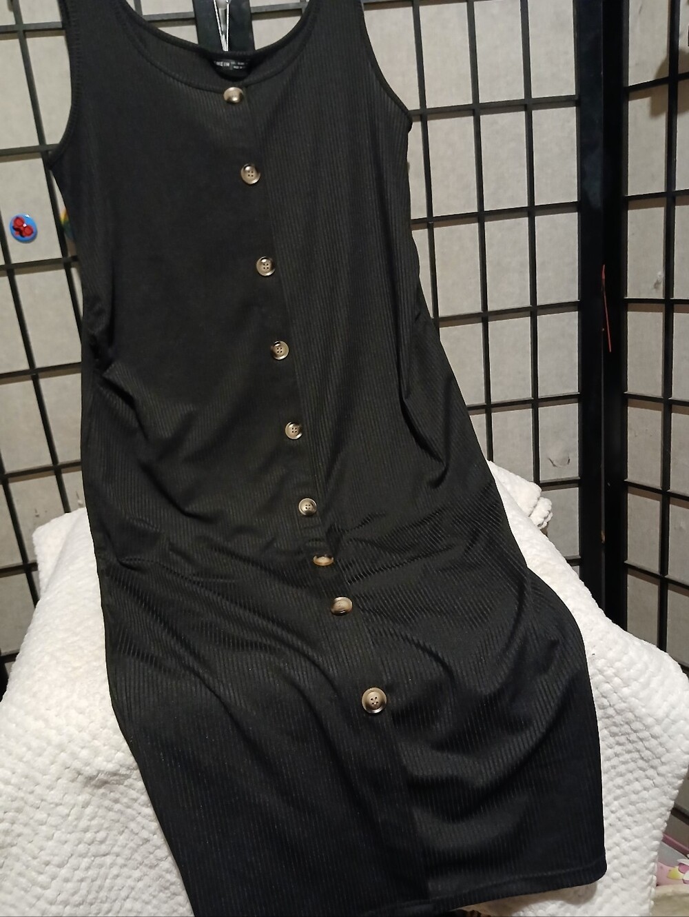 SHEIN Black Sleeveless Button-Front Ribbed Midi Dress
